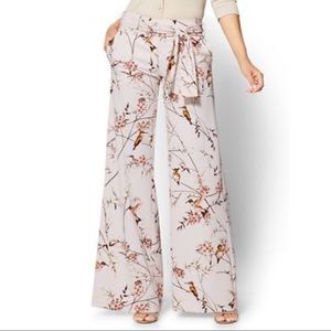 NY&C Pale Pink Bird Print Wide Leg Pants NO BELT